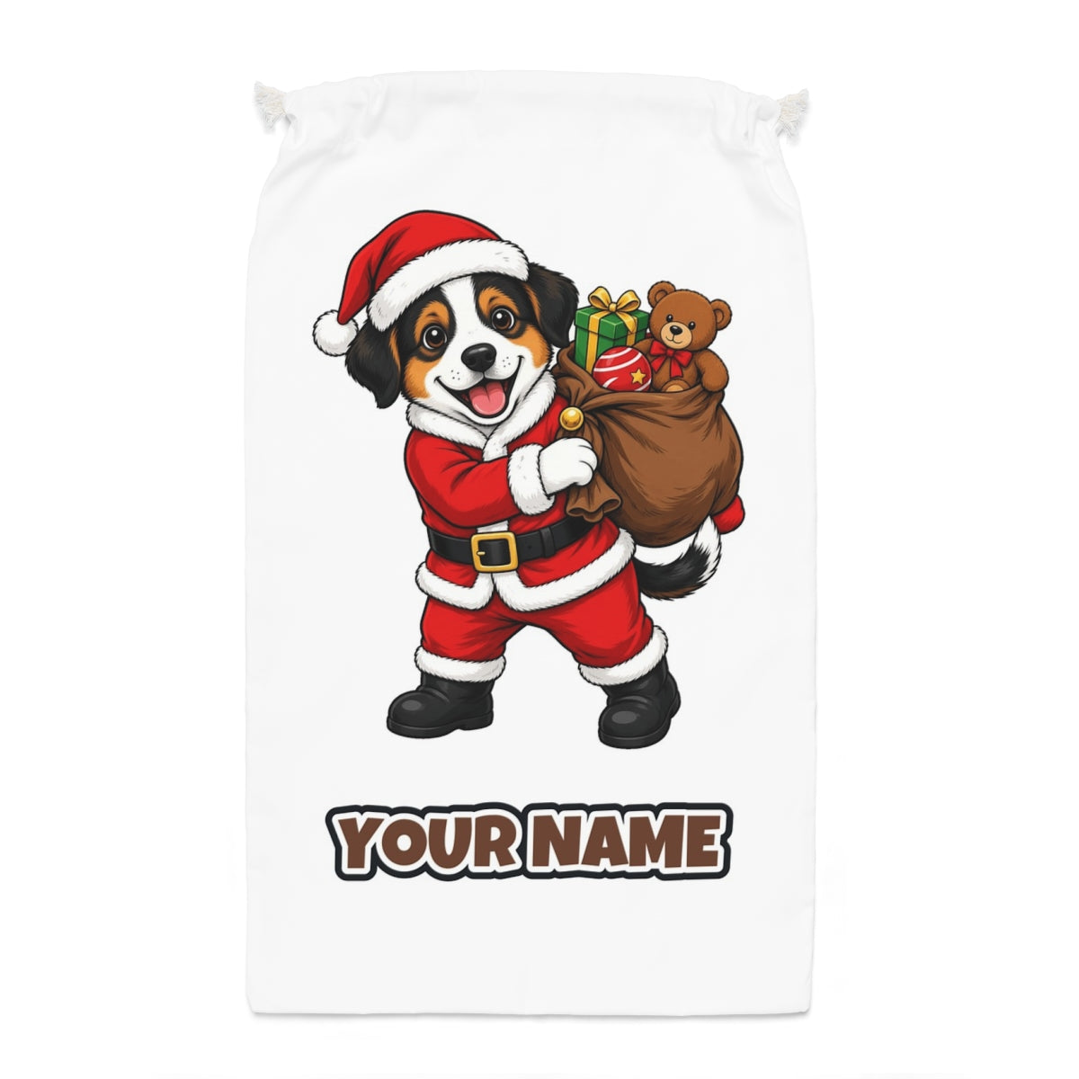 Puppy In Santa Suit Santa sack laid flat, showing the full print