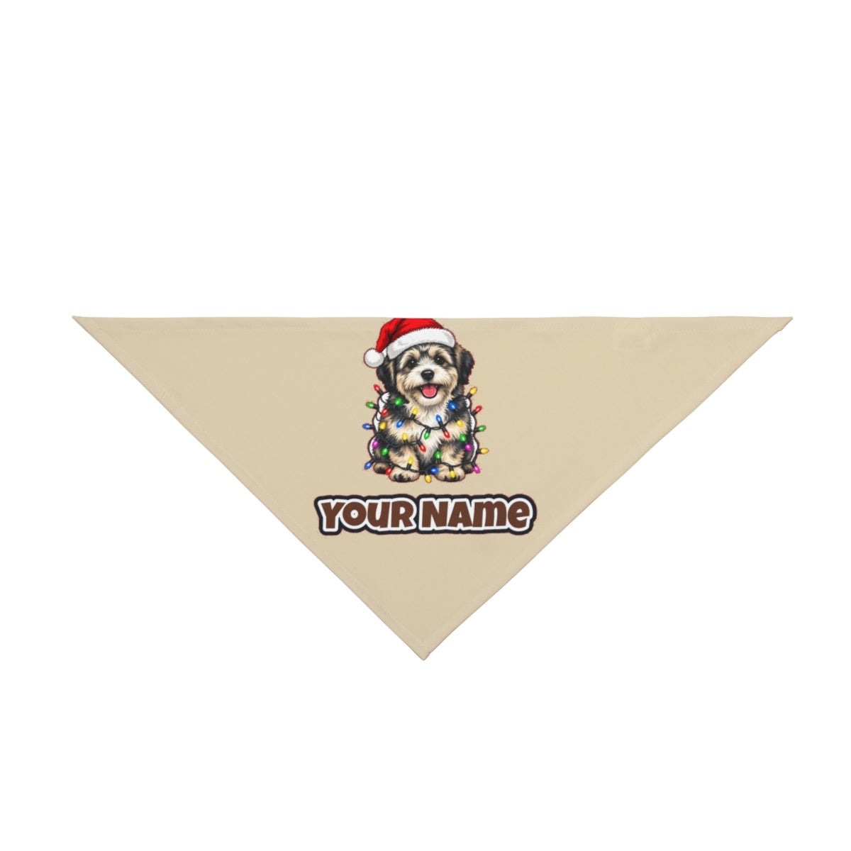 Puppy Tangled in Christmas Lights personalised Christmas pet bandana in beige, tie-on style