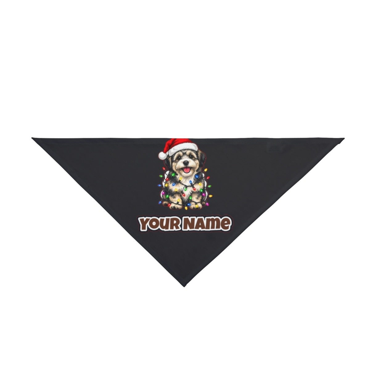Puppy Tangled in Christmas Lights personalised Christmas pet bandana in black, tie-on style