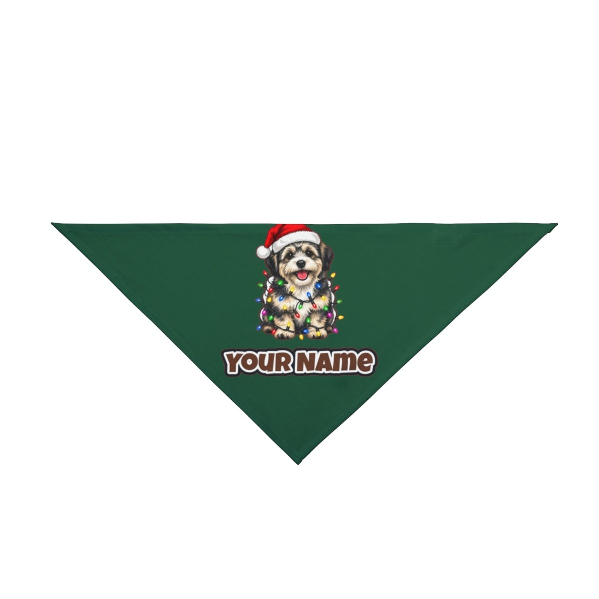 Puppy Tangled in Christmas Lights personalised Christmas pet bandana in green, tie-on style