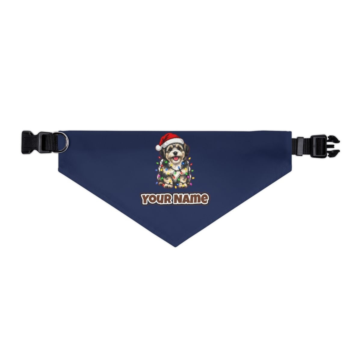 Puppy Tangled in Christmas Lights personalised Christmas pet bandana in navy, collar with buckle