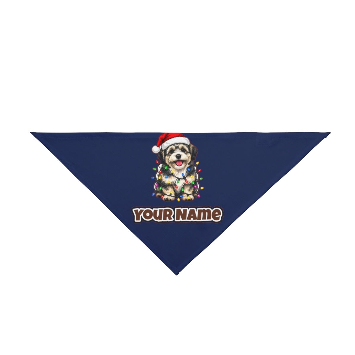 Puppy Tangled in Christmas Lights personalised Christmas pet bandana in navy, tie-on style