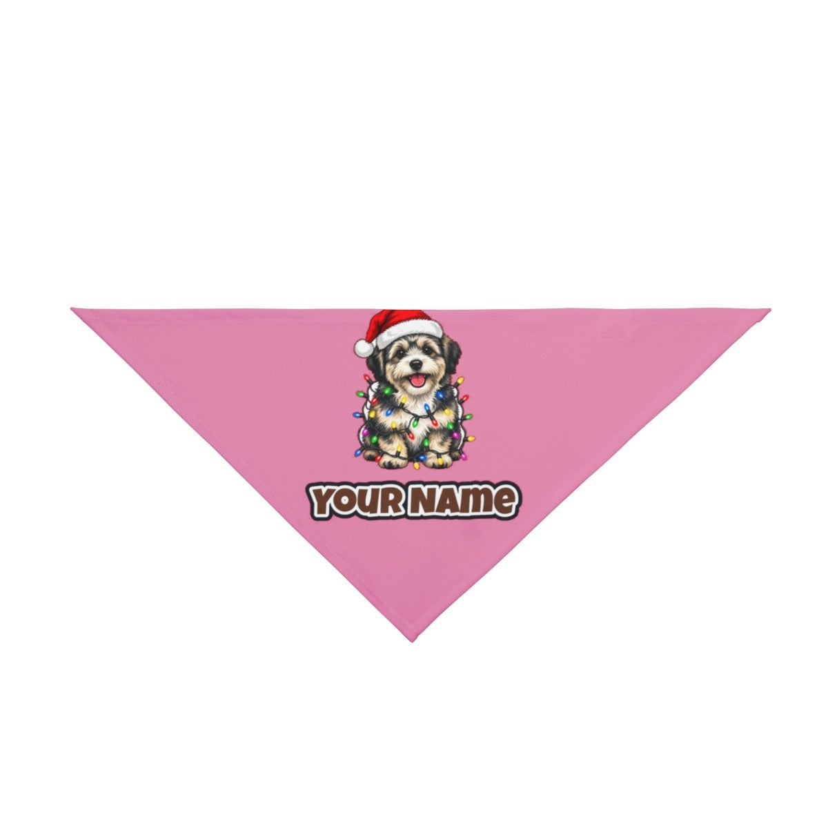 Puppy Tangled in Christmas Lights personalised Christmas pet bandana in pink, tie-on style