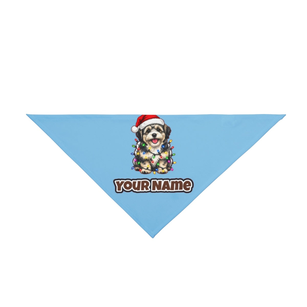 Puppy Tangled in Christmas Lights personalised Christmas pet bandana in sky blue, tie-on style