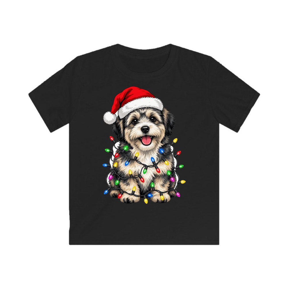Puppy Tangled in Christmas Lights personalised kids Christmas tee in black