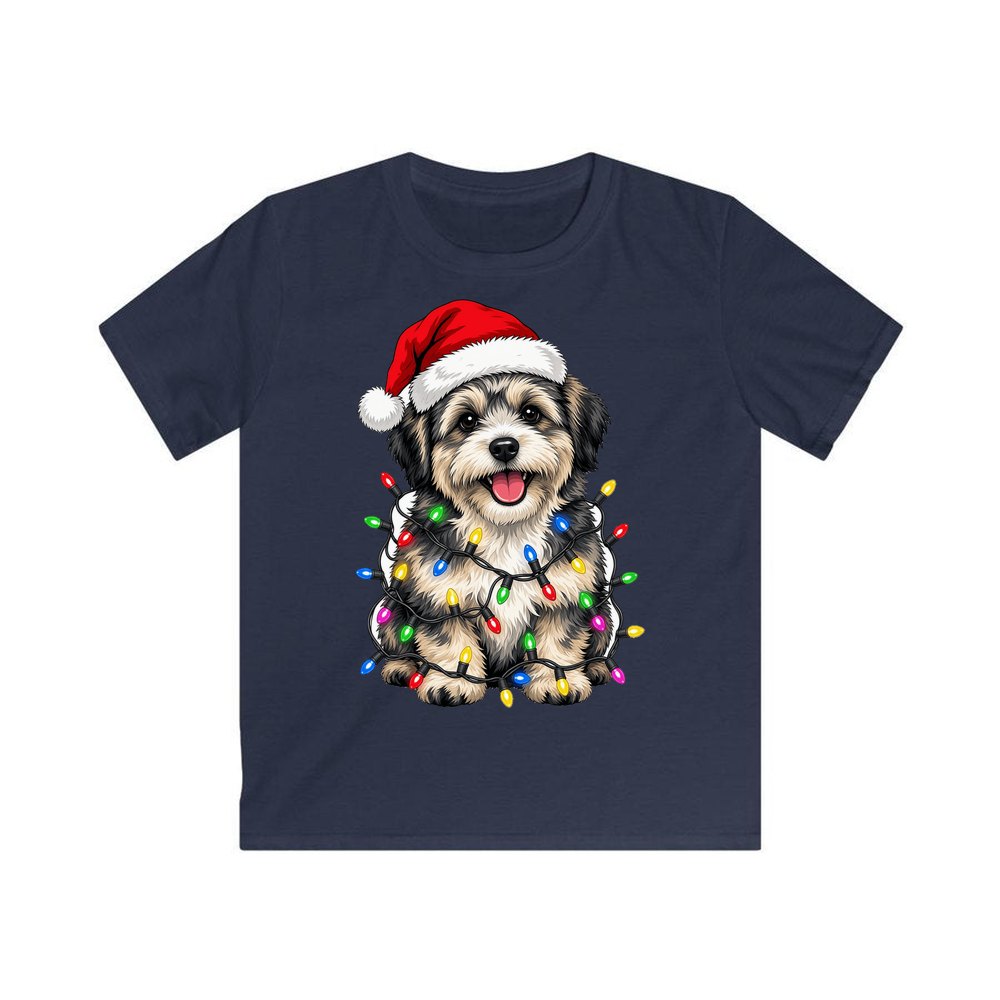 Puppy Tangled in Christmas Lights personalised kids Christmas tee in navy