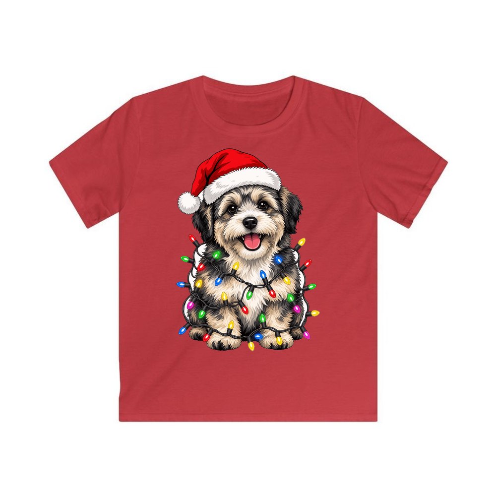 Puppy Tangled in Christmas Lights personalised kids Christmas tee in red