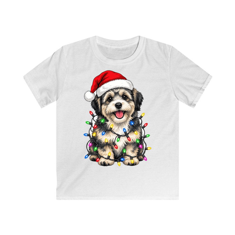Puppy Tangled in Christmas Lights personalised kids Christmas tee in white