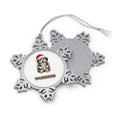 Puppy Tangled in Christmas Lights personalised pewter snowflake Christmas ornament, front and back, with a name under the design