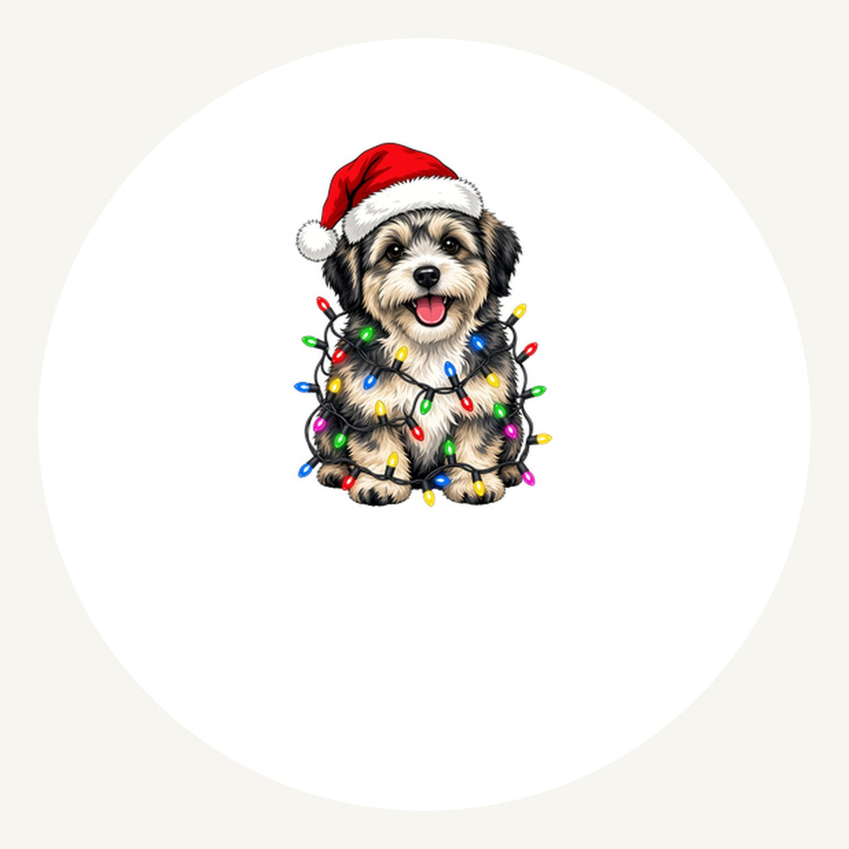 Puppy Tangled in Christmas Lights Christmas artwork, the design printed on the personalised ornament