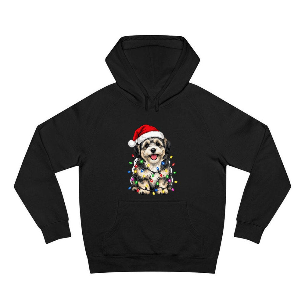 Puppy Tangled in Christmas Lights personalised Christmas hoodie in black