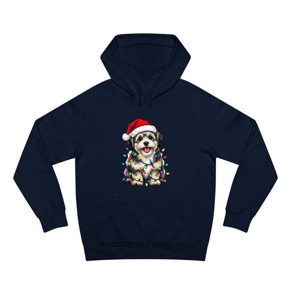 Puppy Tangled in Christmas Lights personalised Christmas hoodie in navy