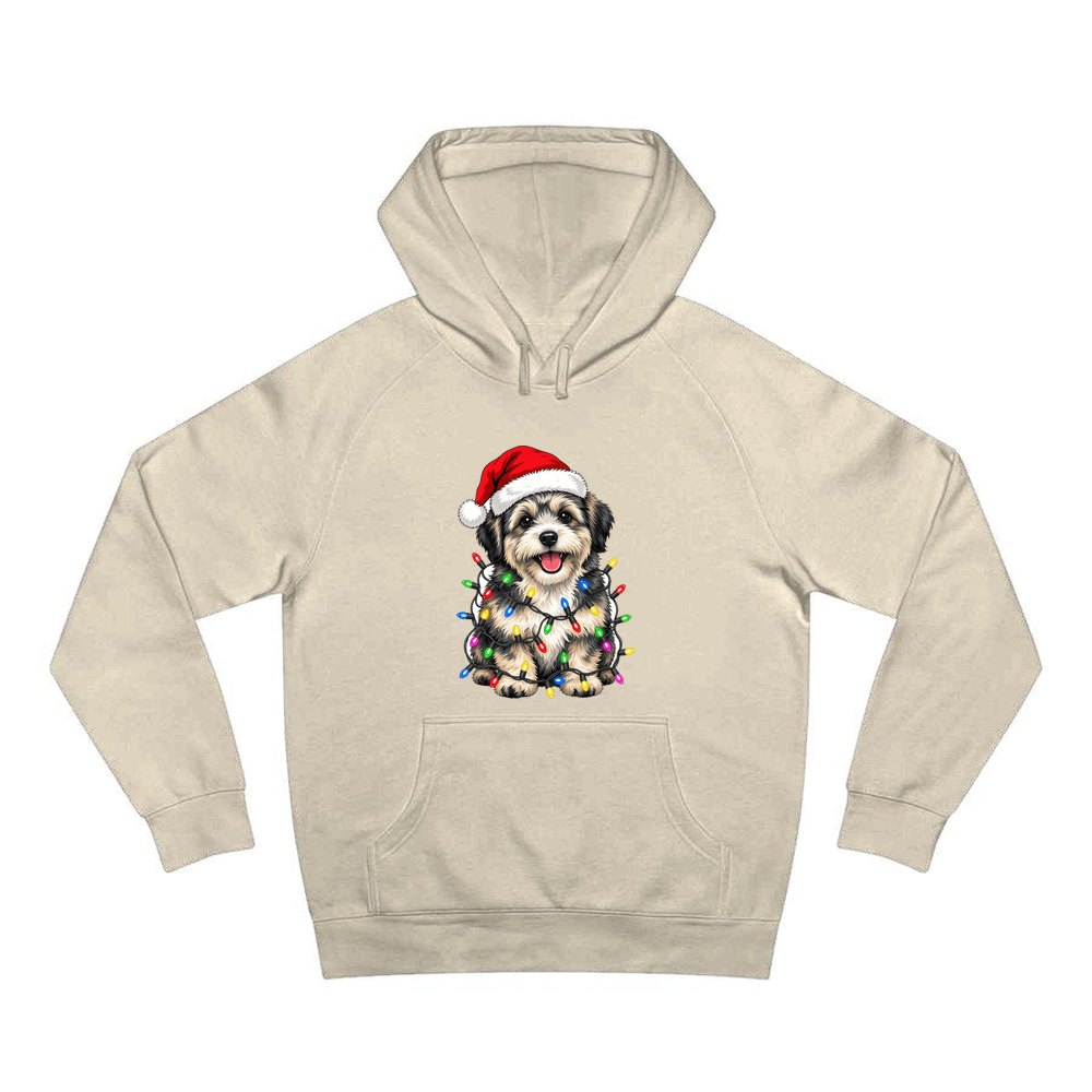 Puppy Tangled in Christmas Lights personalised Christmas hoodie in sand