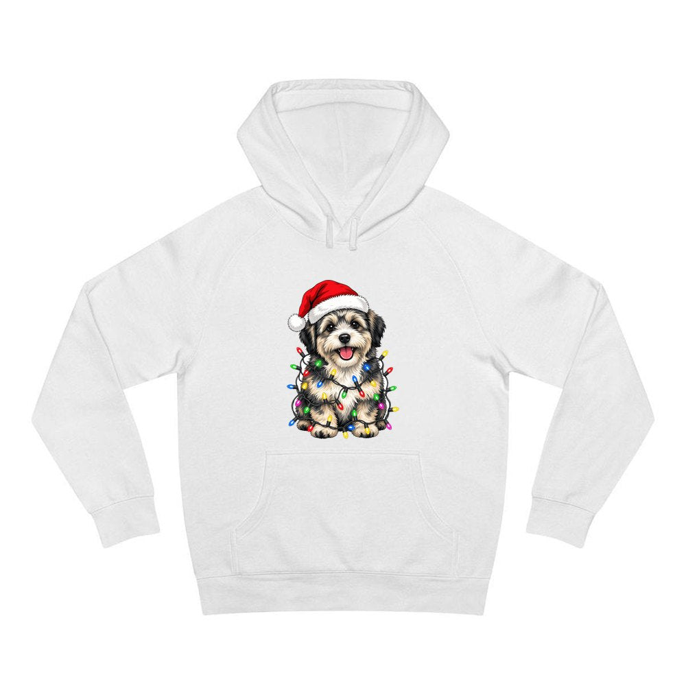 Puppy Tangled in Christmas Lights personalised Christmas hoodie in white