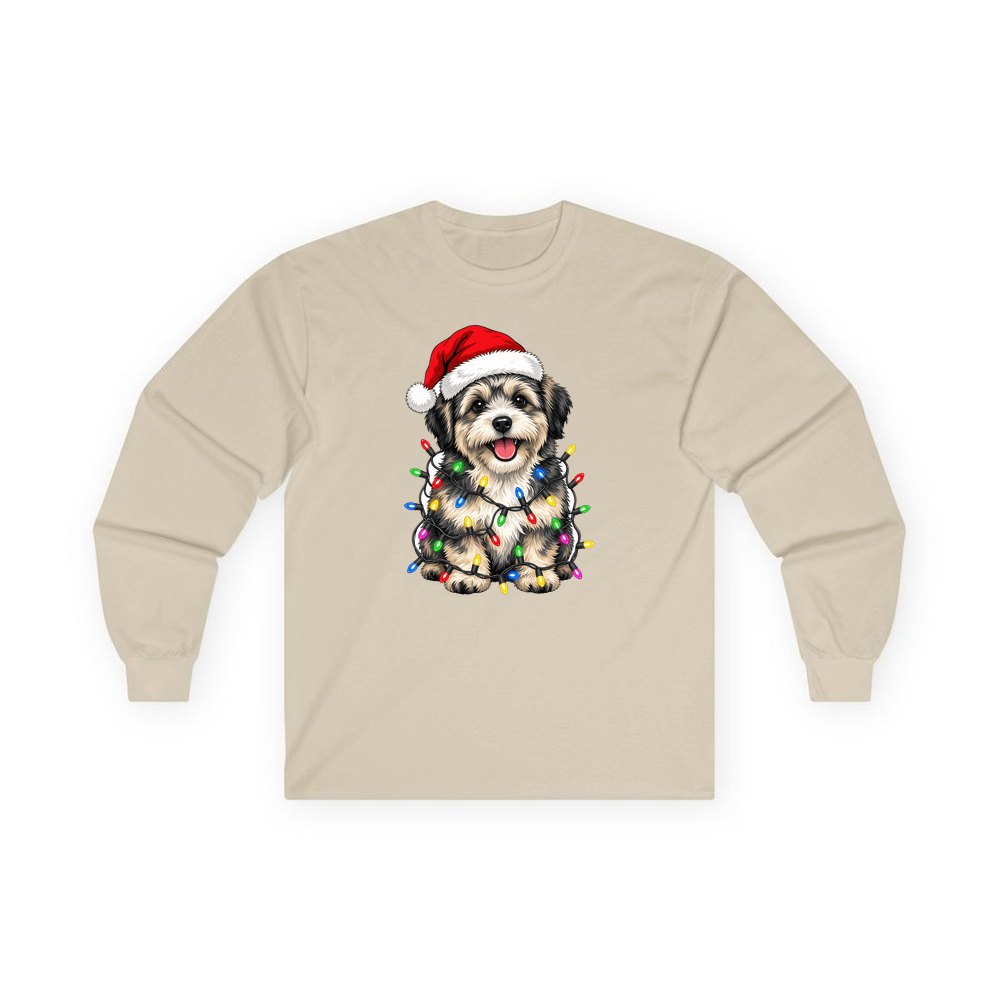 Puppy Tangled in Christmas Lights personalised long sleeve Christmas T-shirt in sand