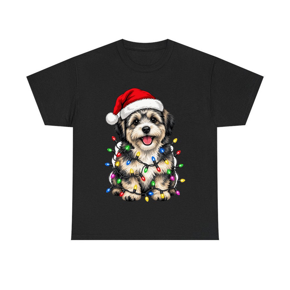 Puppy Tangled in Christmas Lights personalised Christmas T-shirt in black