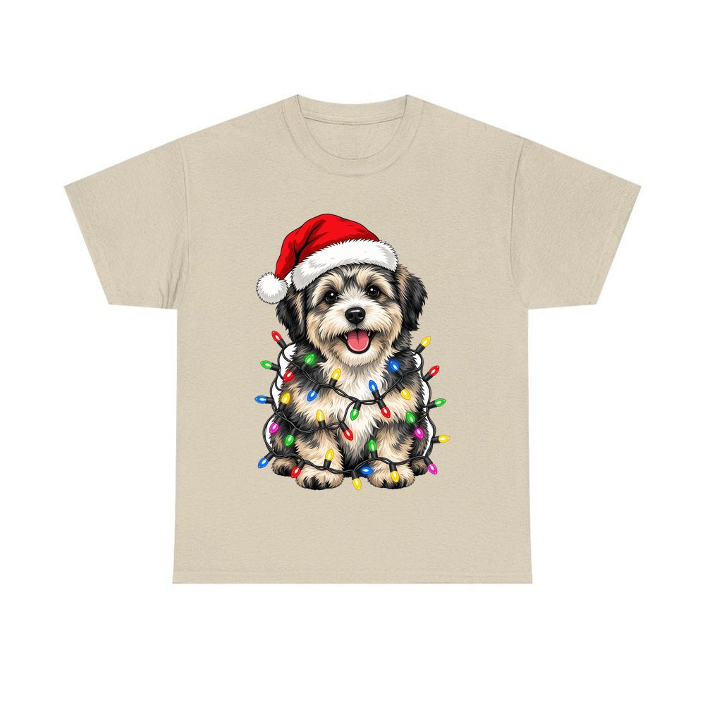 Puppy Tangled in Christmas Lights personalised Christmas T-shirt in sand