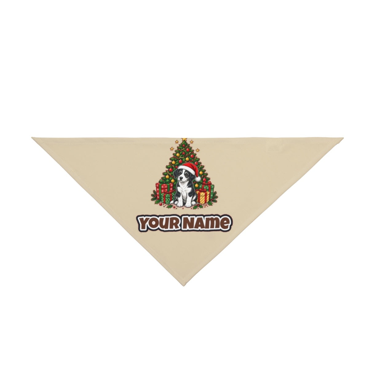 Puppy Under The Christmas Tree personalised Christmas pet bandana in beige, tie-on style