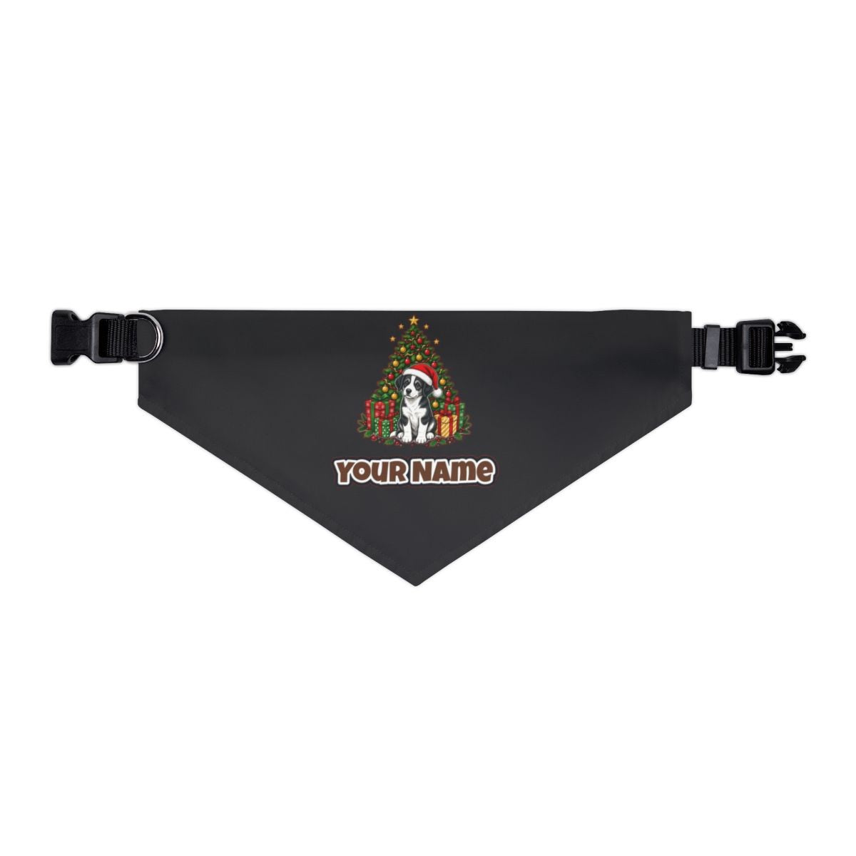 Puppy Under The Christmas Tree personalised Christmas pet bandana in black, collar with buckle