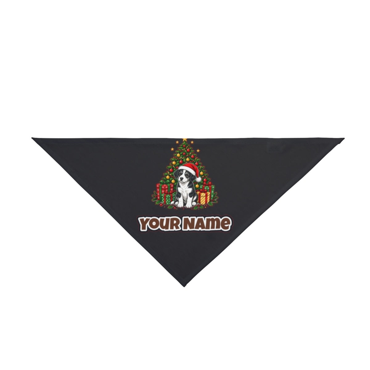 Puppy Under The Christmas Tree personalised Christmas pet bandana in black, tie-on style