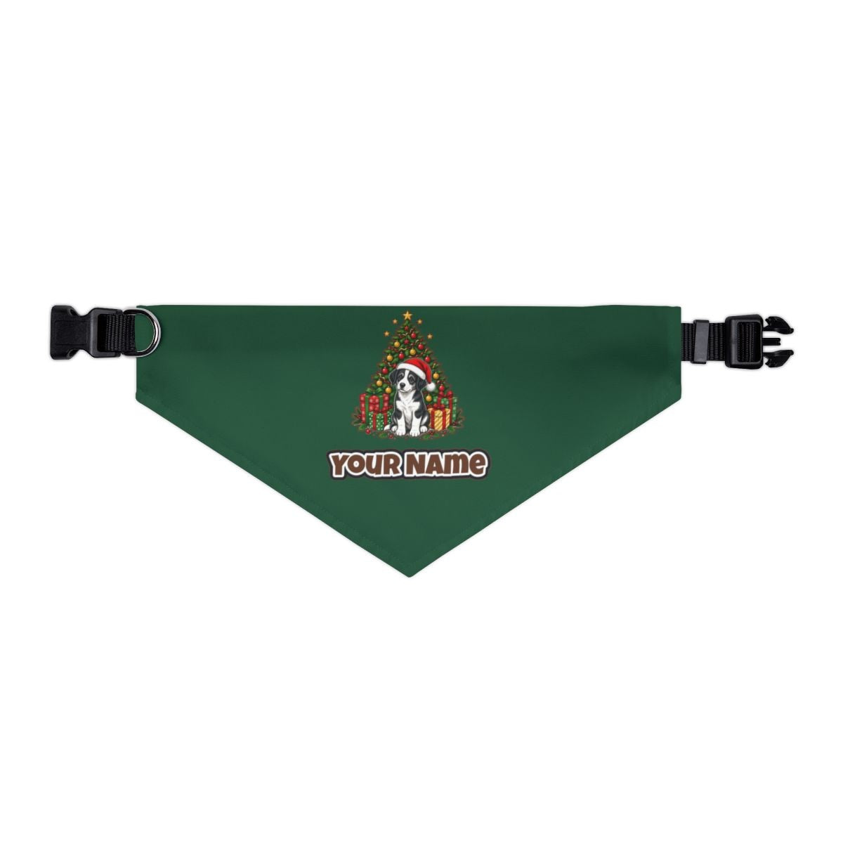Puppy Under The Christmas Tree personalised Christmas pet bandana in green, collar with buckle