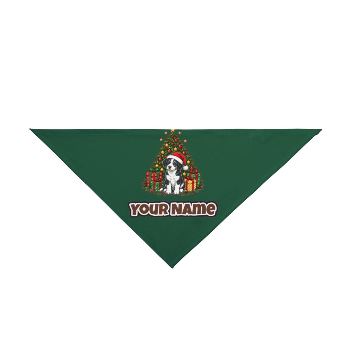 Puppy Under The Christmas Tree personalised Christmas pet bandana in green, tie-on style