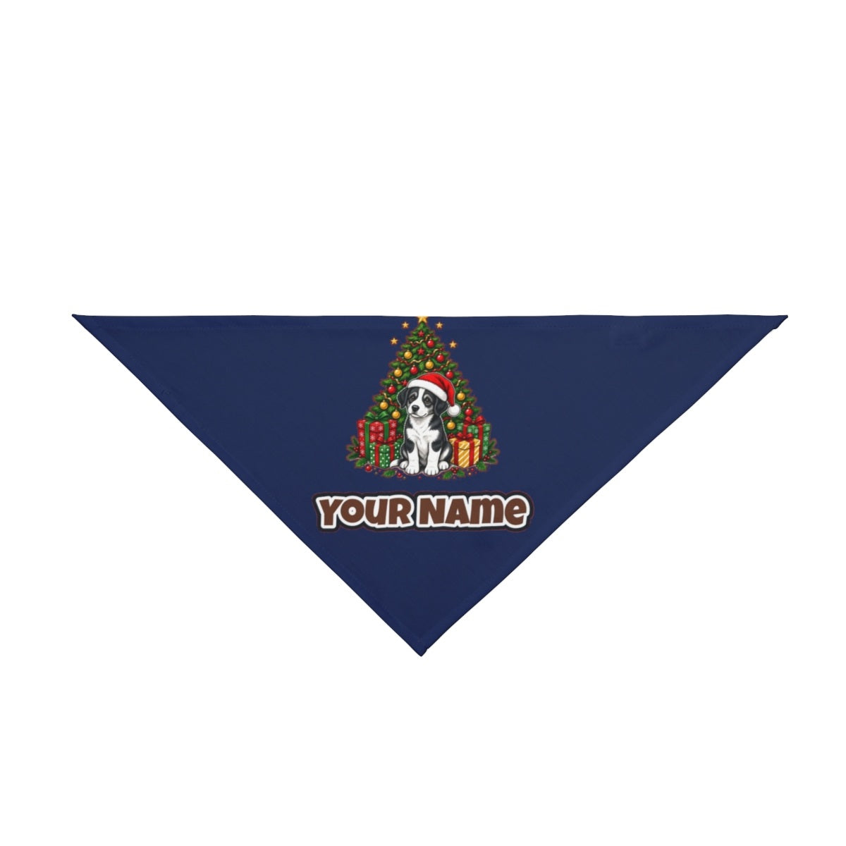 Puppy Under The Christmas Tree personalised Christmas pet bandana in navy, tie-on style