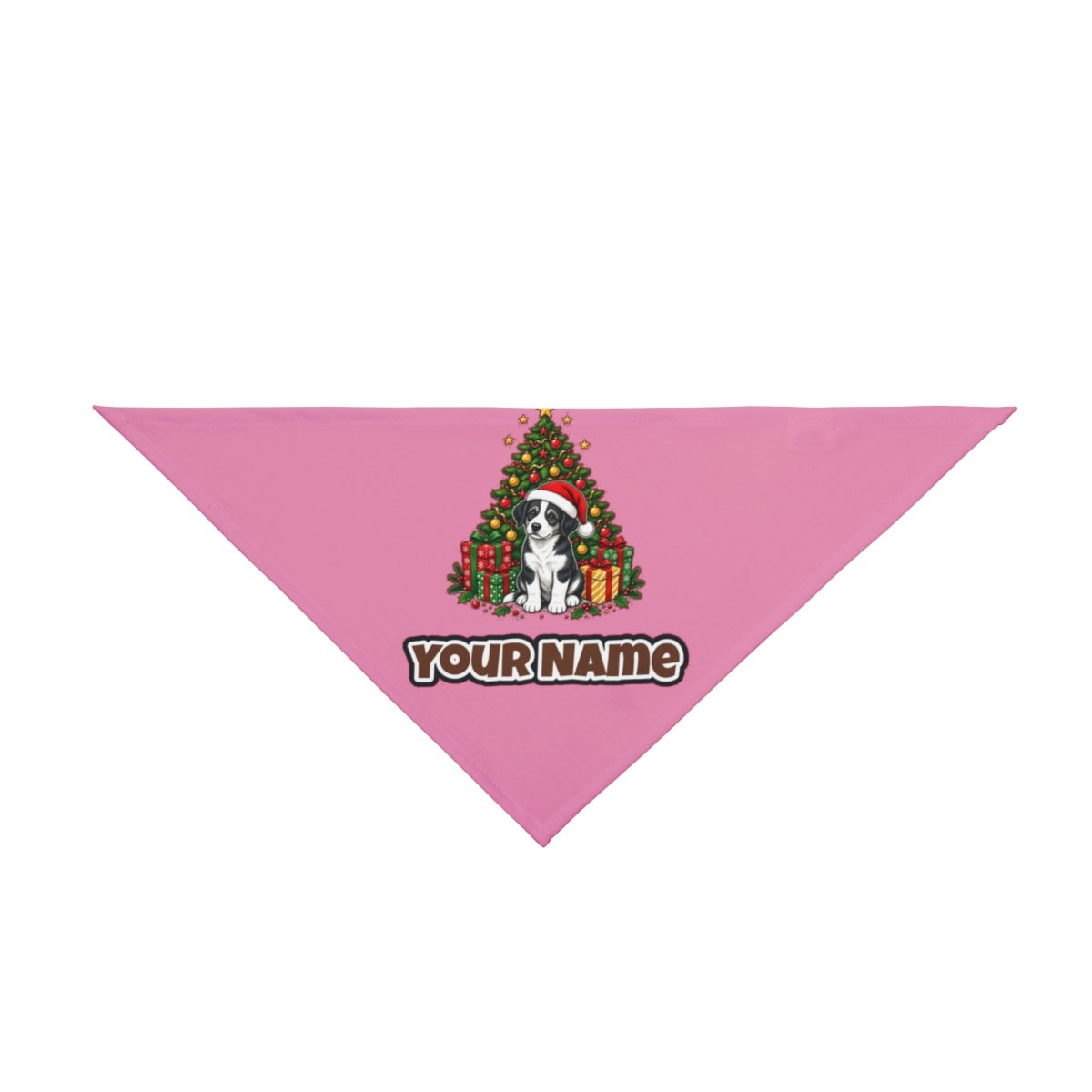 Puppy Under The Christmas Tree personalised Christmas pet bandana in pink, tie-on style