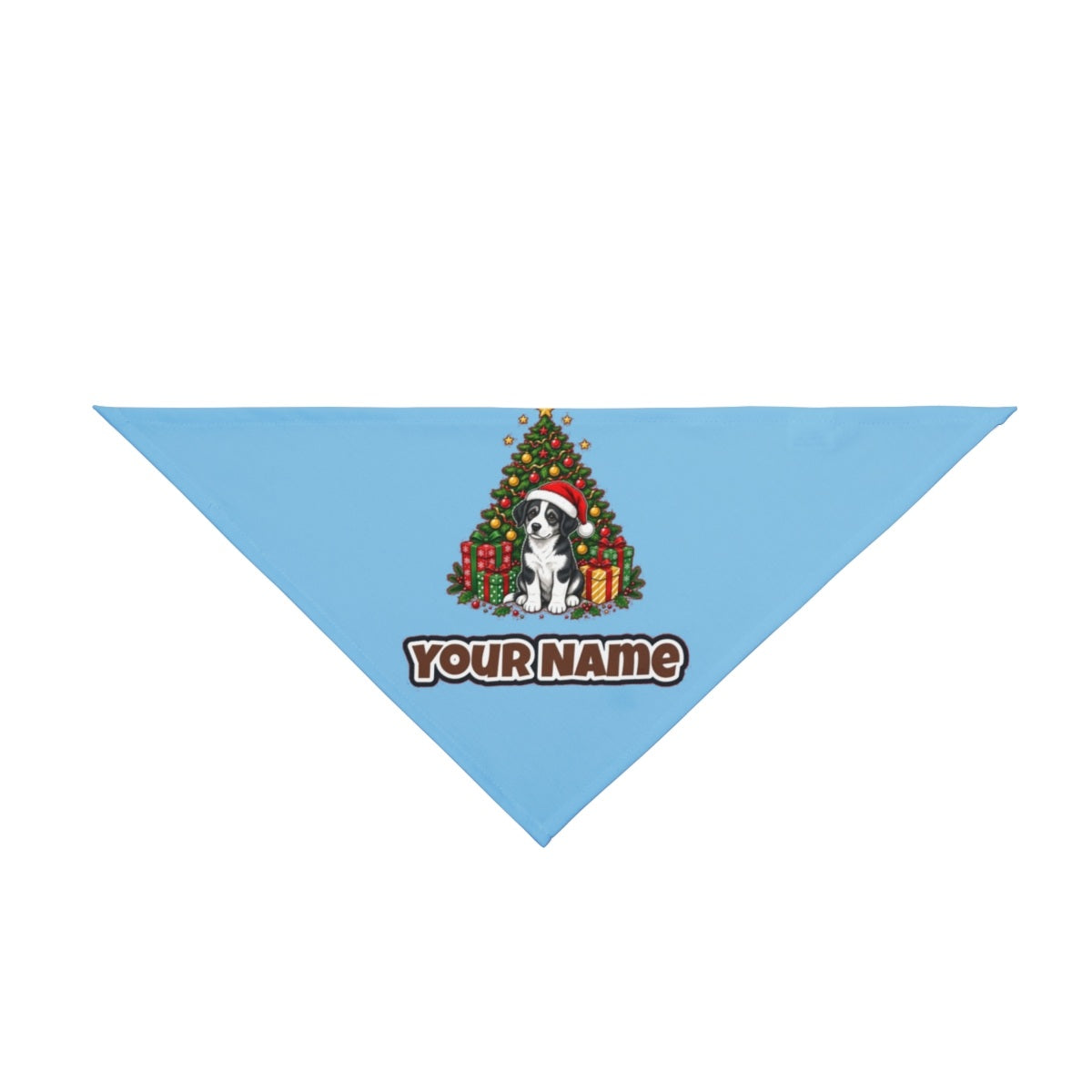 Puppy Under The Christmas Tree personalised Christmas pet bandana in sky blue, tie-on style