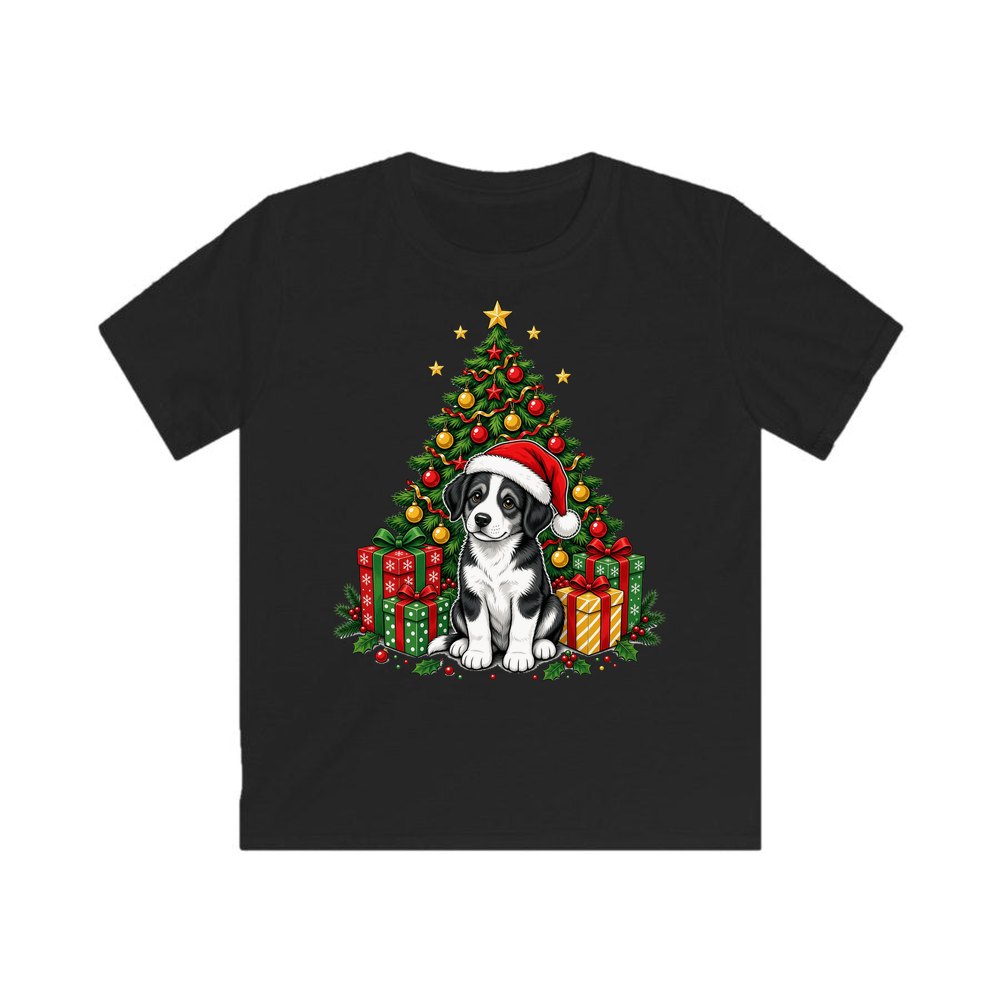 Puppy Under The Christmas Tree personalised kids Christmas tee in black