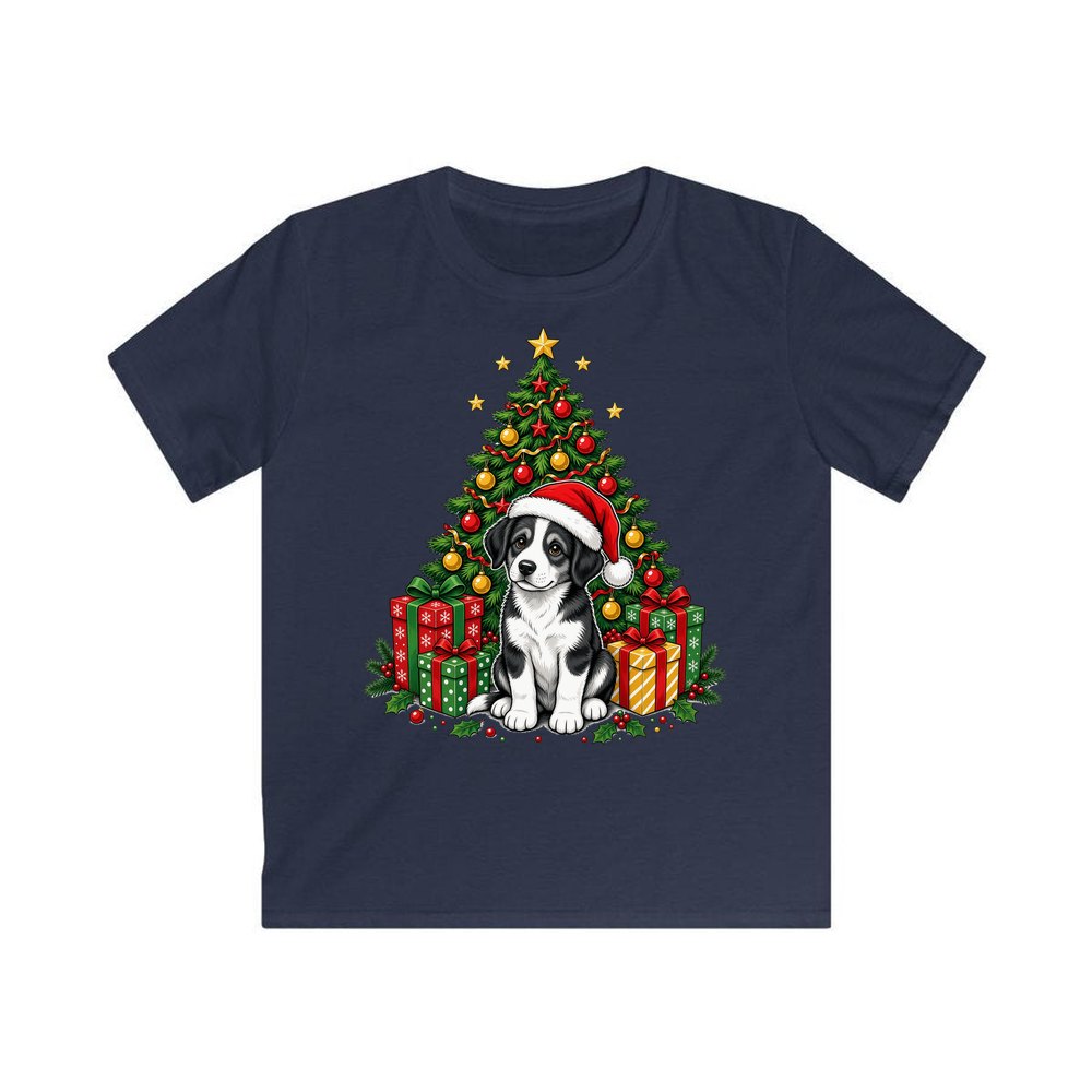 Puppy Under The Christmas Tree personalised kids Christmas tee in navy