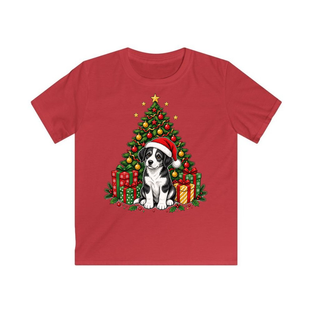 Puppy Under The Christmas Tree personalised kids Christmas tee in red