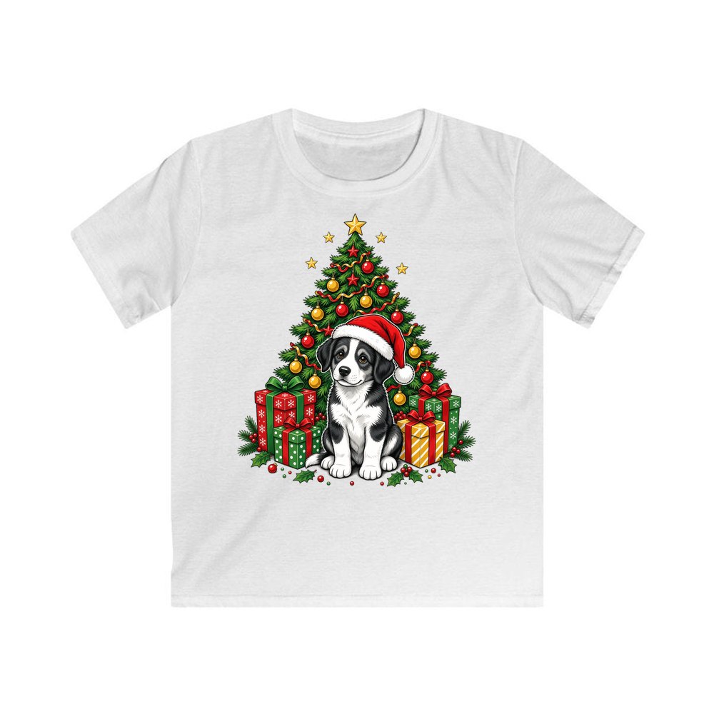 Puppy Under The Christmas Tree personalised kids Christmas tee in white