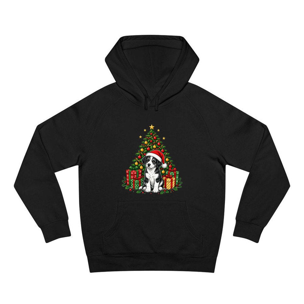 Puppy Under The Christmas Tree personalised Christmas hoodie in black