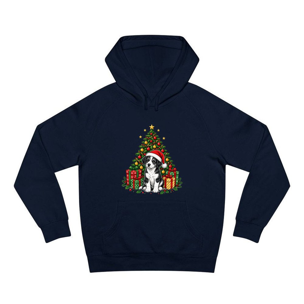 Puppy Under The Christmas Tree personalised Christmas hoodie in navy