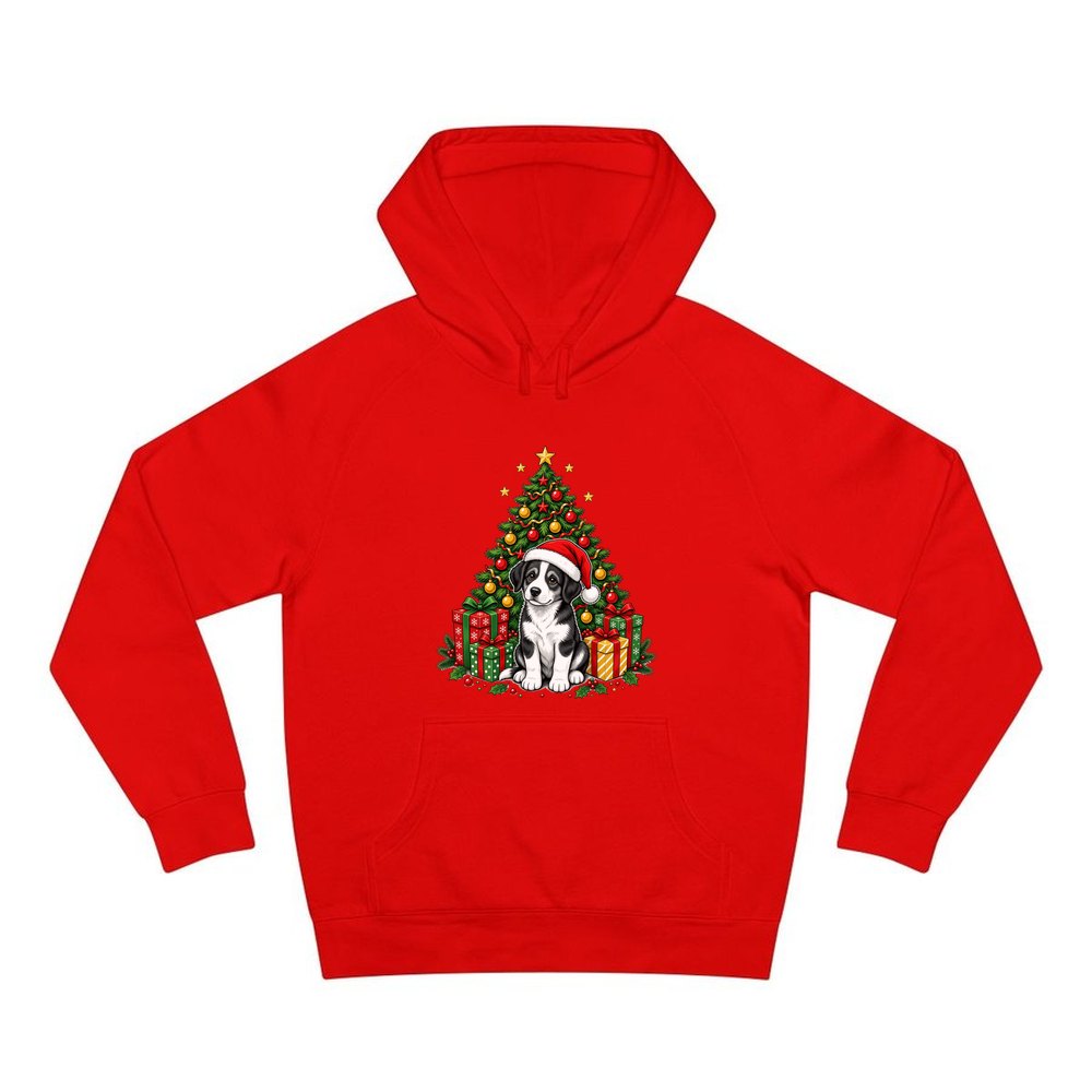 Puppy Under The Christmas Tree personalised Christmas hoodie in red