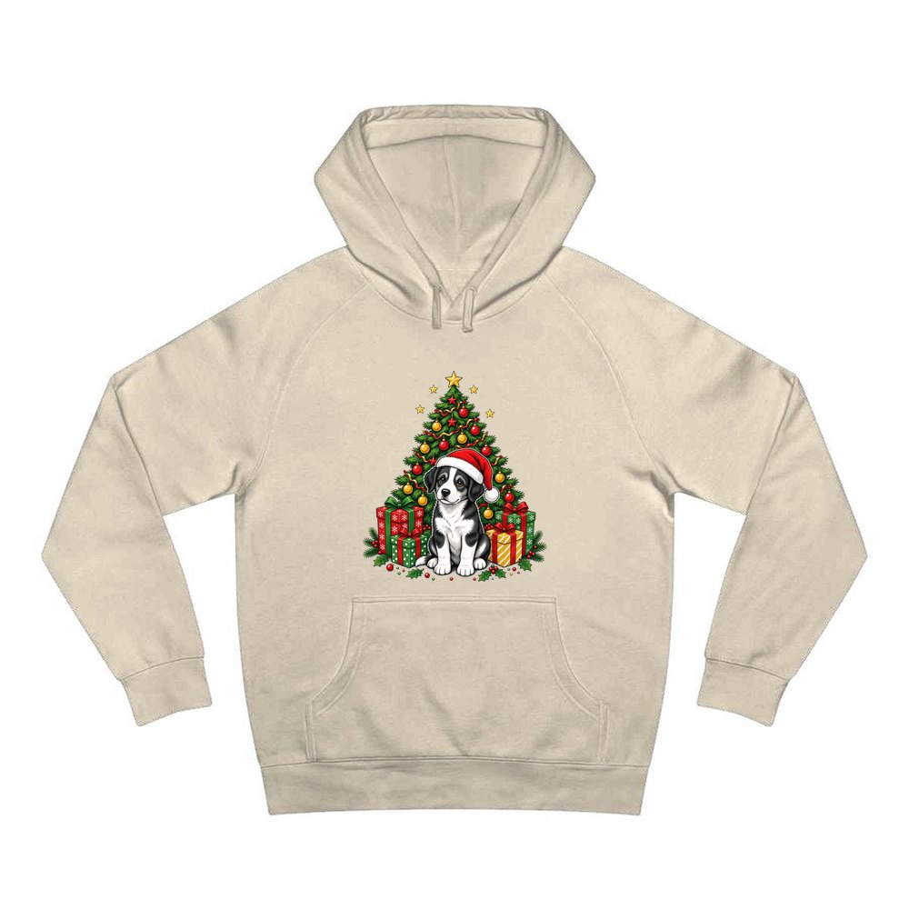 Puppy Under The Christmas Tree personalised Christmas hoodie in sand