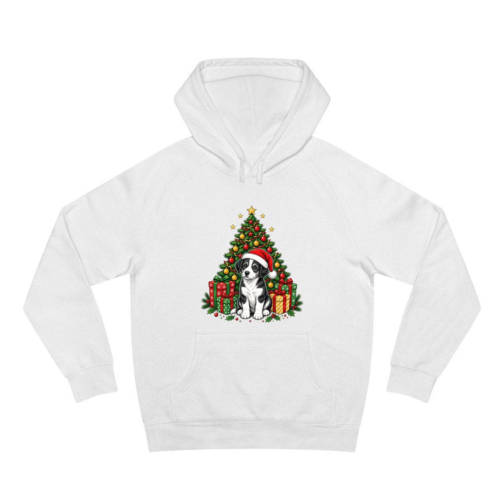 Puppy Under The Christmas Tree personalised Christmas hoodie in white