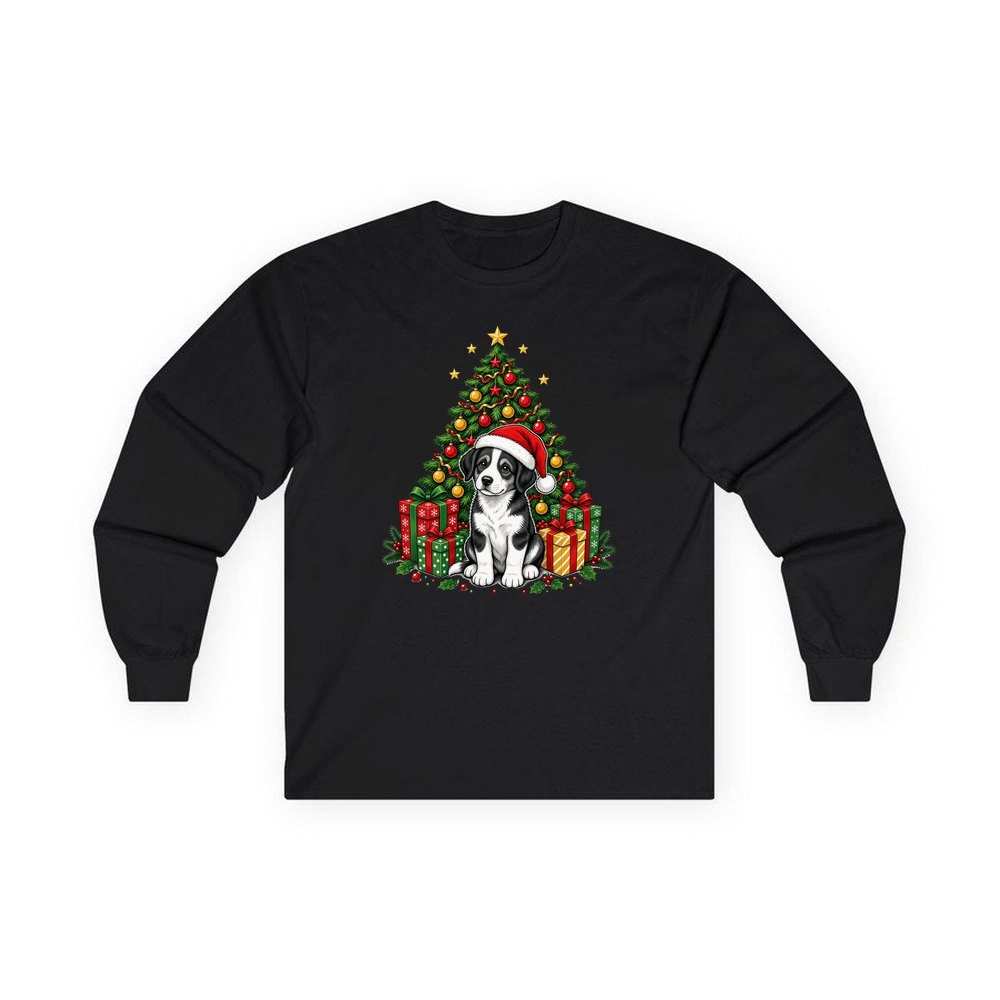 Puppy Under The Christmas Tree personalised long sleeve Christmas T-shirt in black