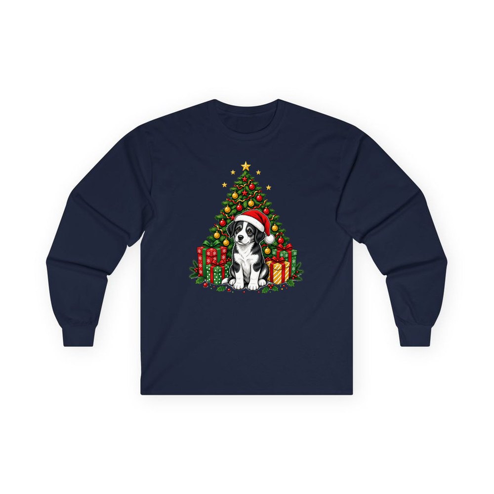 Puppy Under The Christmas Tree personalised long sleeve Christmas T-shirt in navy