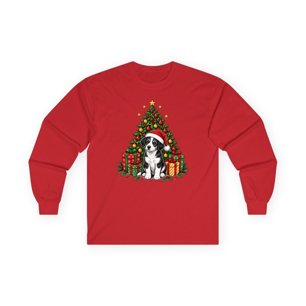 Puppy Under The Christmas Tree personalised long sleeve Christmas T-shirt in red
