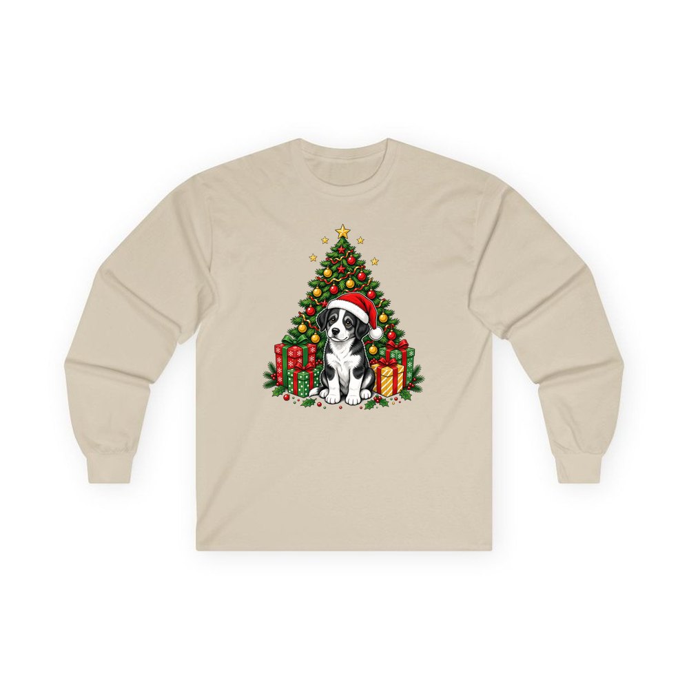 Puppy Under The Christmas Tree personalised long sleeve Christmas T-shirt in sand