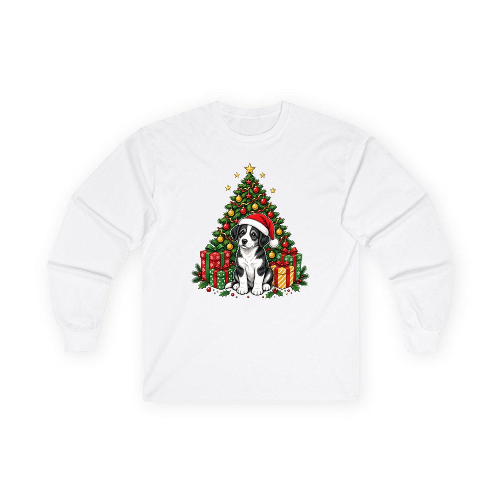 Puppy Under The Christmas Tree personalised long sleeve Christmas T-shirt in white