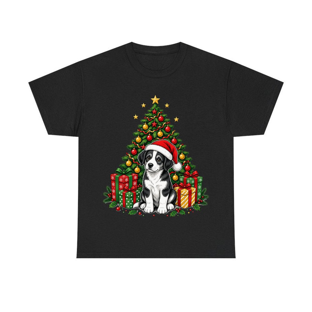 Puppy Under The Christmas Tree personalised Christmas T-shirt in black
