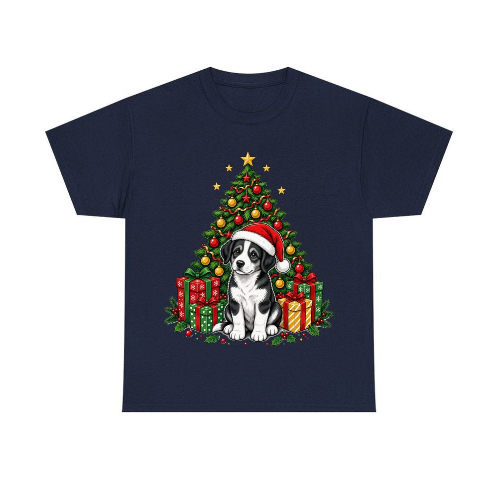 Puppy Under The Christmas Tree personalised Christmas T-shirt in navy