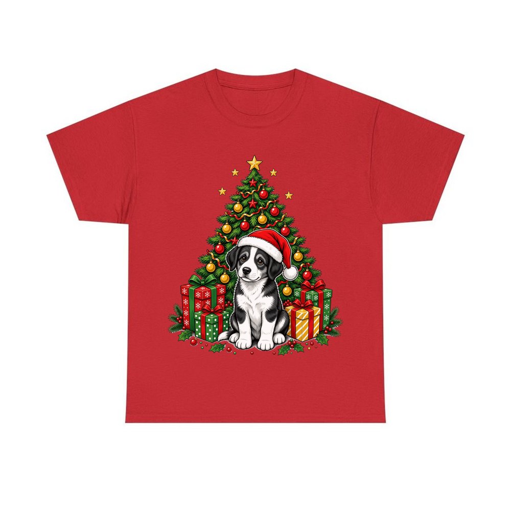 Puppy Under The Christmas Tree personalised Christmas T-shirt in red