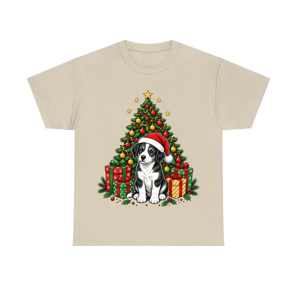 Puppy Under The Christmas Tree personalised Christmas T-shirt in sand