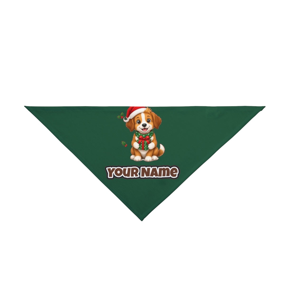 Puppy with Christmas Present personalised Christmas pet bandana in green, tie-on style