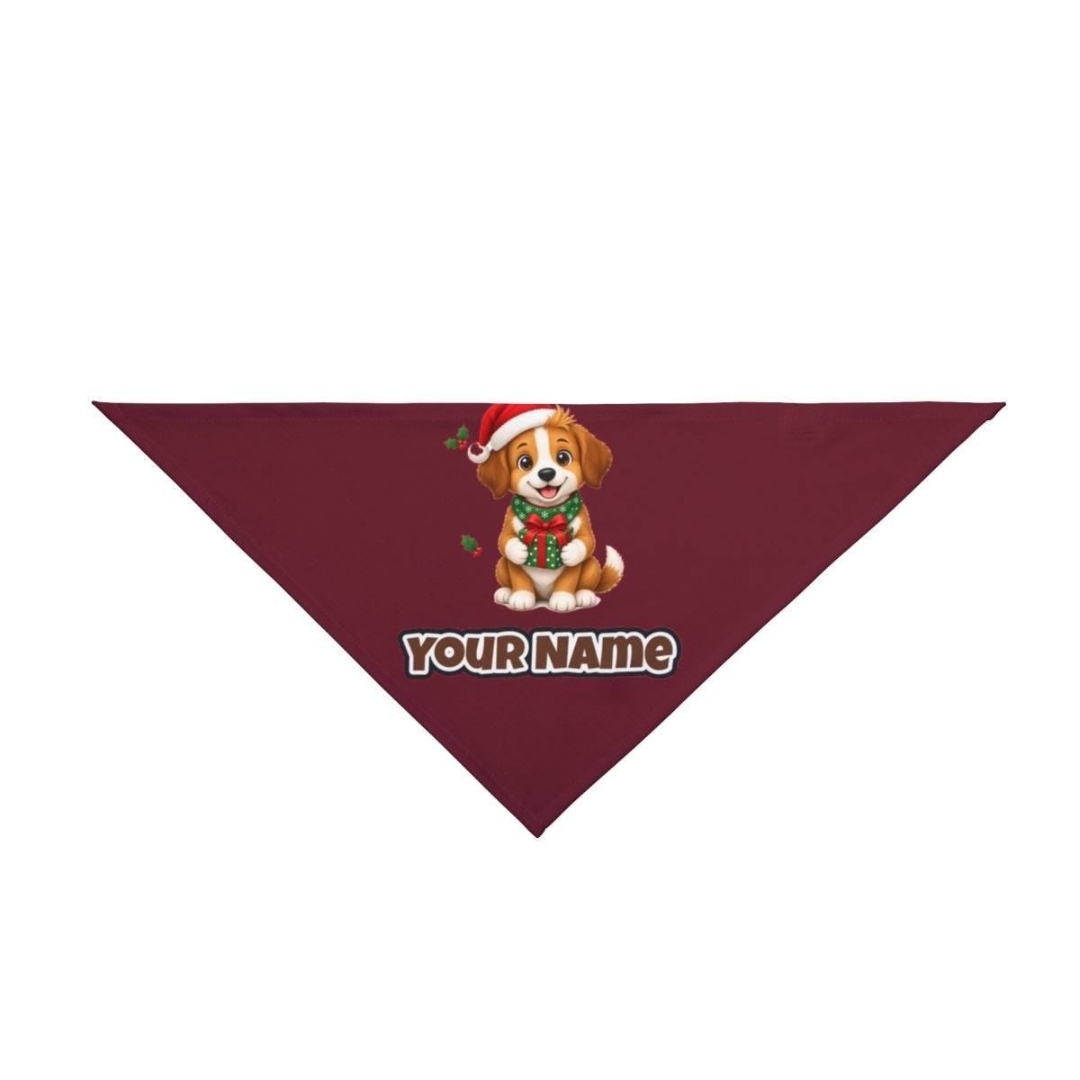 Puppy with Christmas Present personalised Christmas pet bandana in maroon, tie-on style