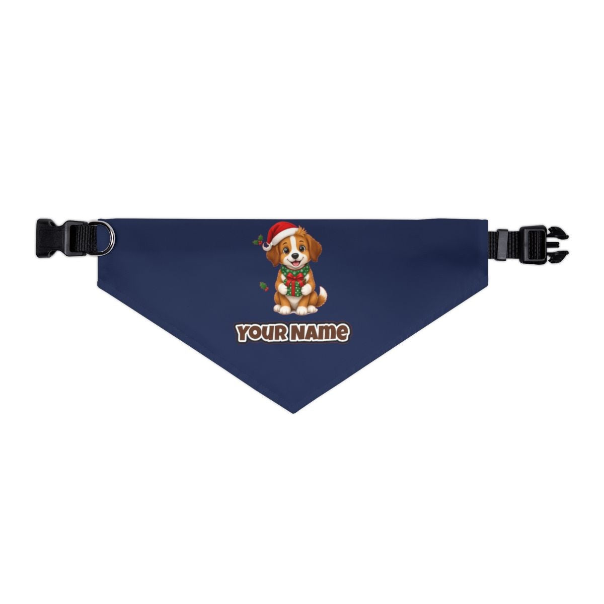Puppy with Christmas Present personalised Christmas pet bandana in navy, collar with buckle